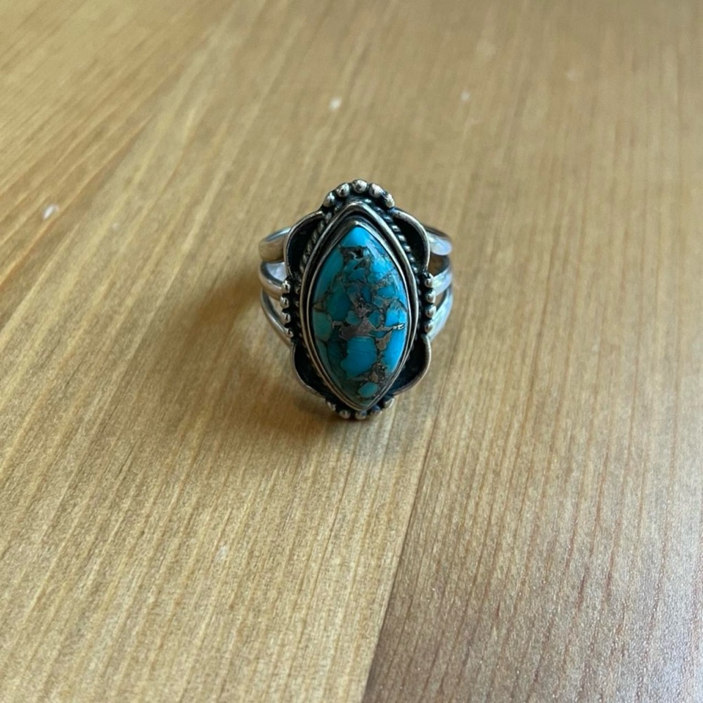 Turquoise Sterling Silver Ornate Ring with Intricate Design